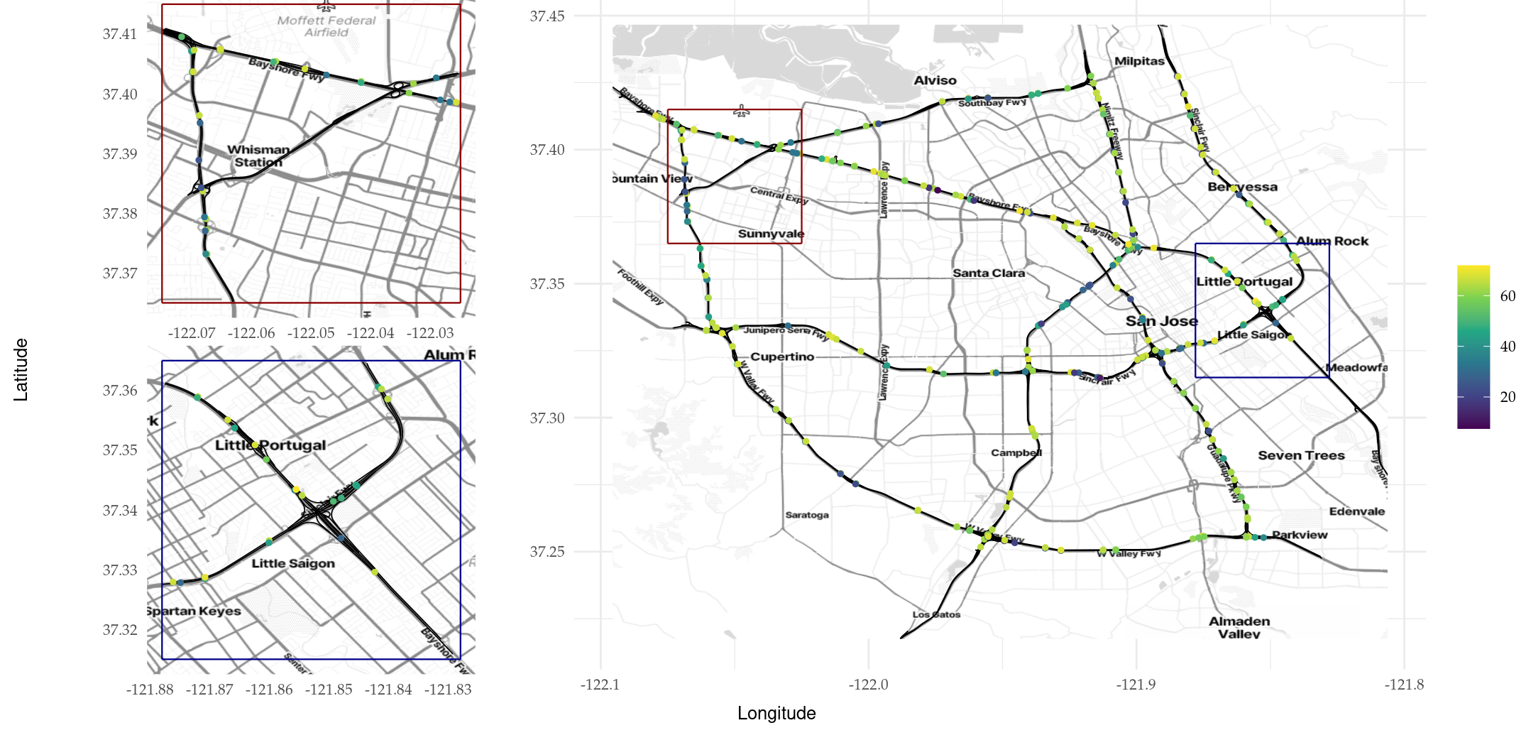 Figure 4: Speed observations (in mph) on the highway network of the city of San Jose in California, recorded on April 3, 2017. The left panels are zoomed-in areas of the panel to the right.