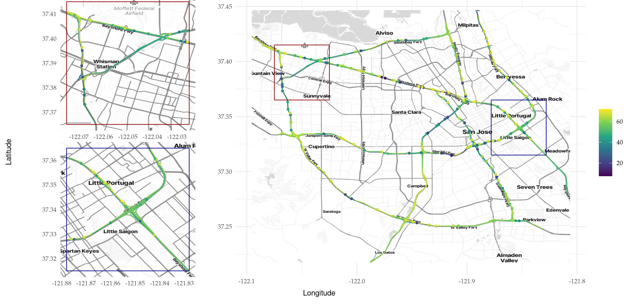 Figure 6: Speed observations (in mph) on the highway network of the city of San Jose in California, recorded on April 3, 2017. The left panels are zoomed-in areas of the panel to the right.