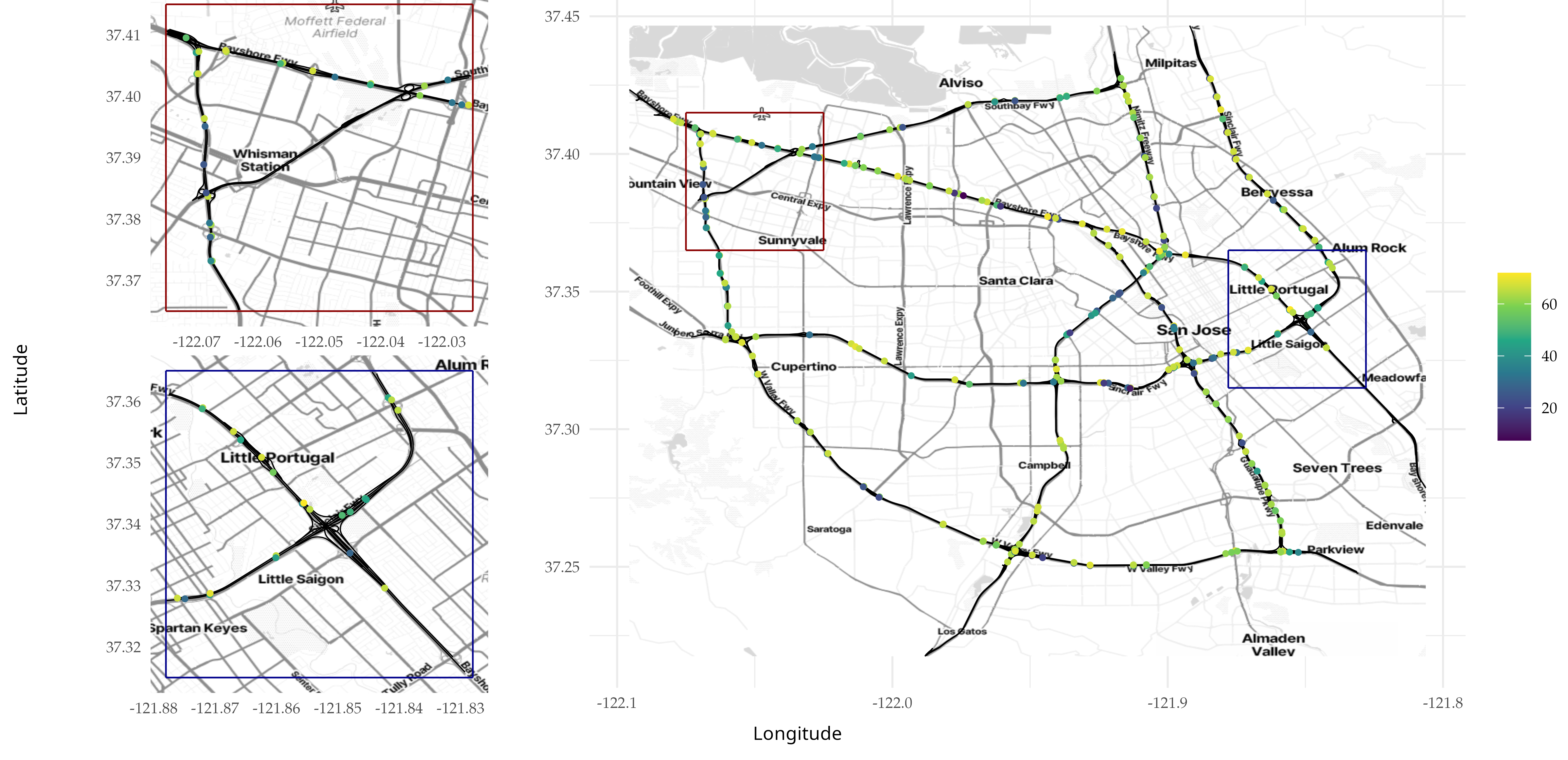 Figure 4: Speed observations (in mph) on the highway network of the city of San Jose in California, recorded on April 3, 2017. The left panels are zoomed-in areas of the panel to the right.