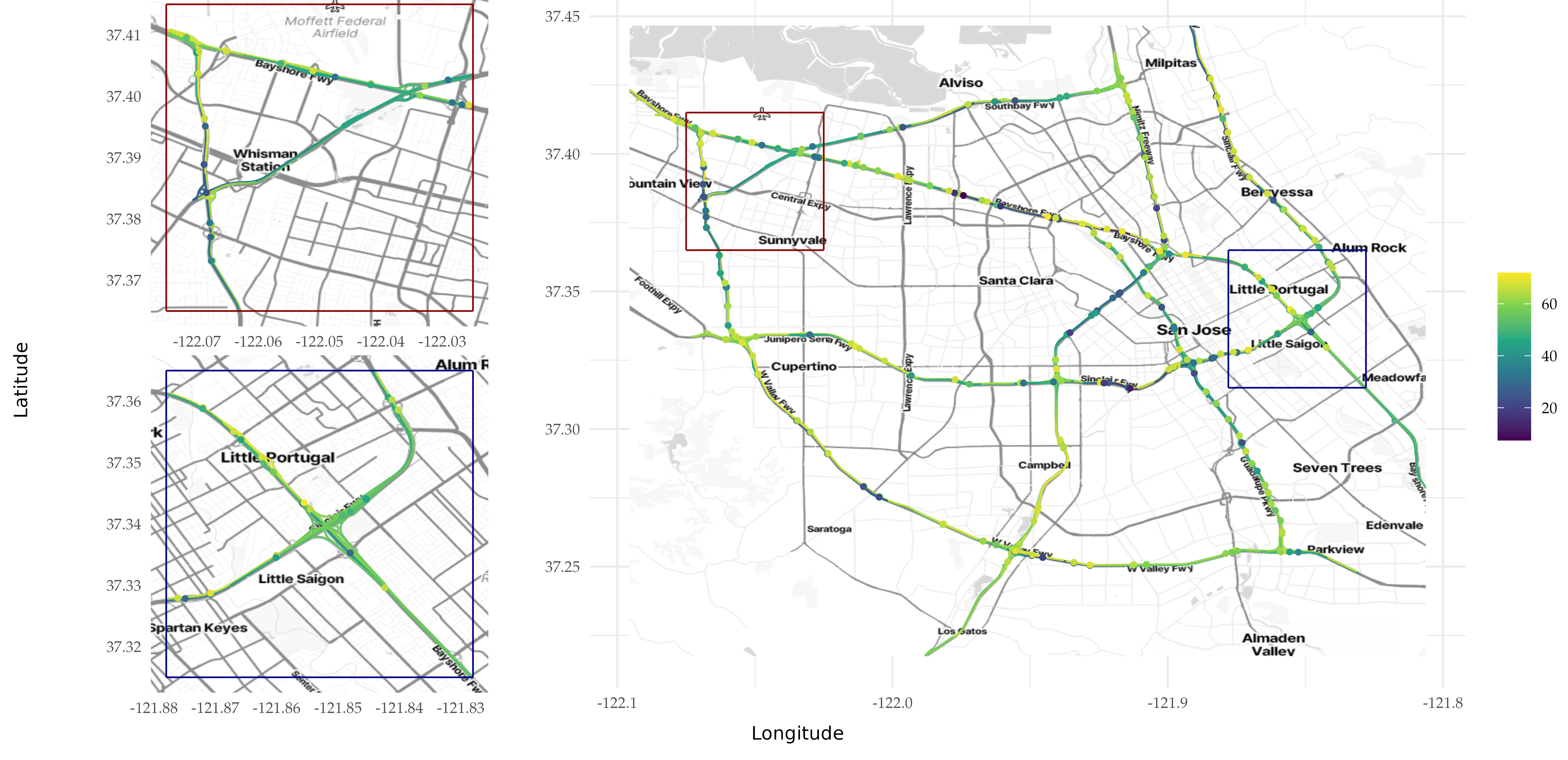 Figure 2: Speed observations (in mph) on the highway network of the city of San Jose in California, recorded on April 3, 2017. The left panels are zoomed-in areas of the panel to the right.
